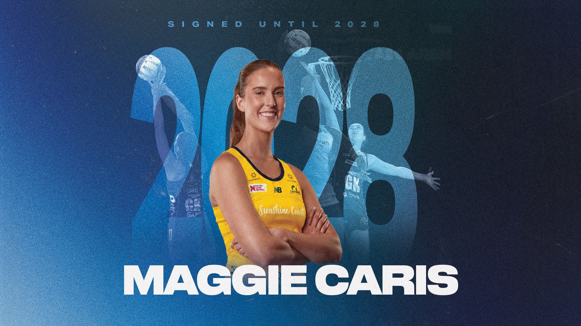 Netball profile pic of Maggie Caris; 2028 background text