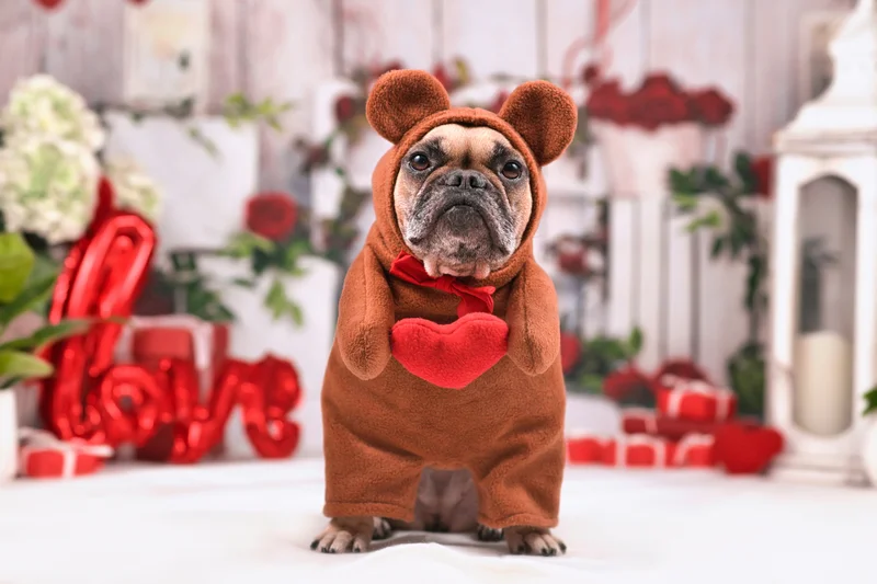 Dog dressed in costume for Valentines Day.