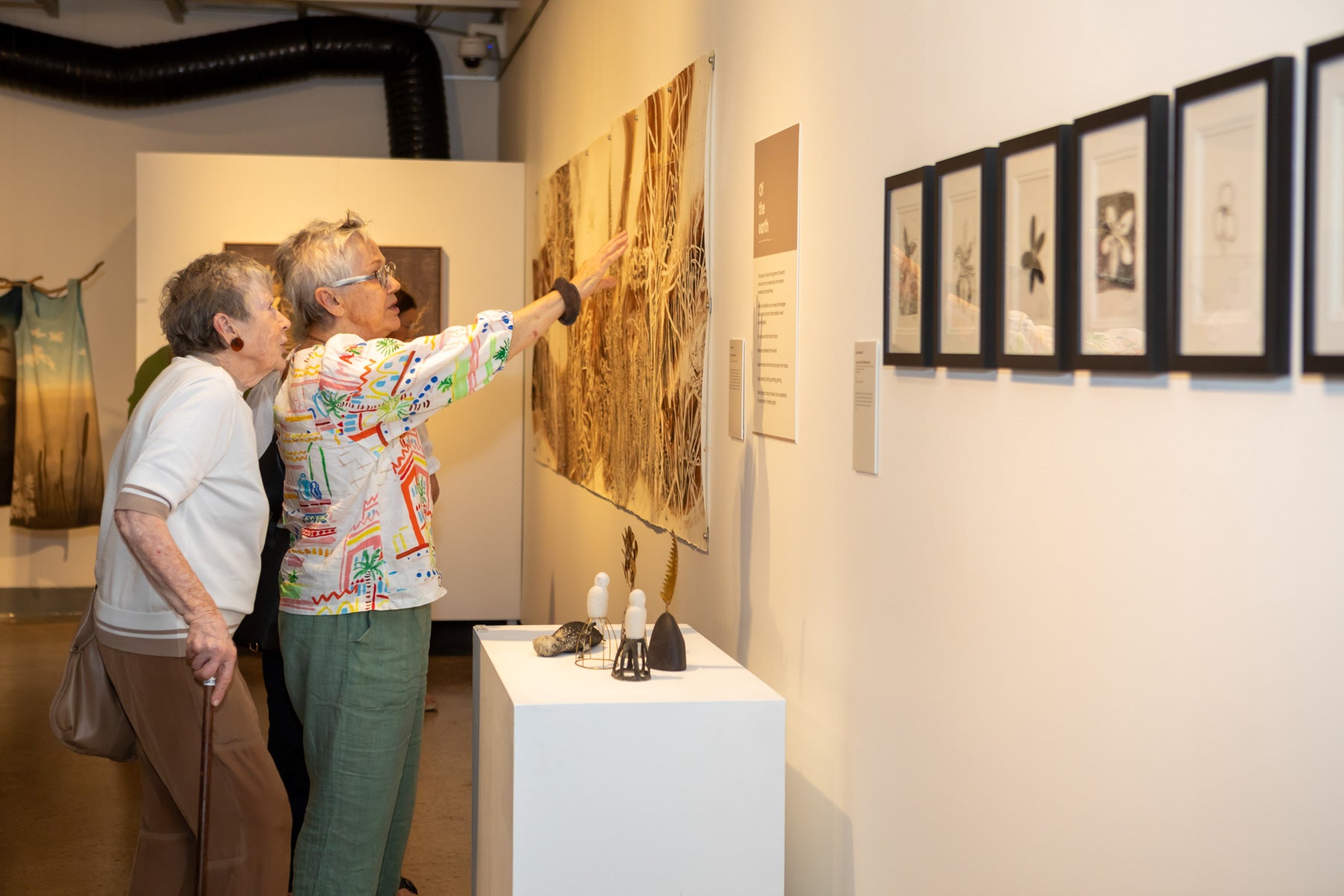 Two women discussing an artwork at the Wildflowering by Design exhibition launch