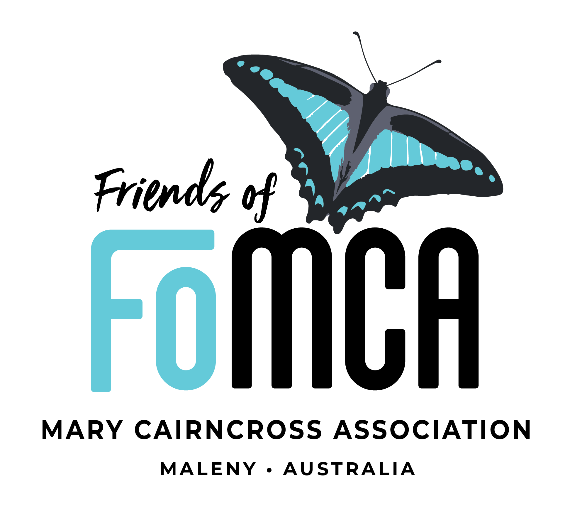 A blue triangle butterfly sits over the acronym FMCA and the words Friends of Mary Cairncross Assocation.  

