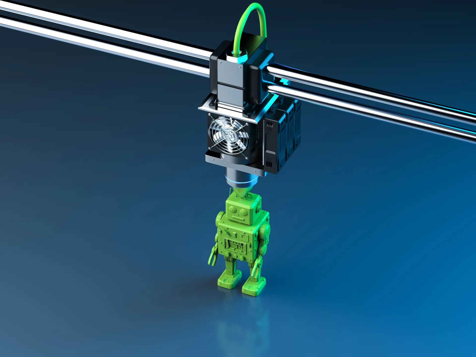 3D printer printing a small robot