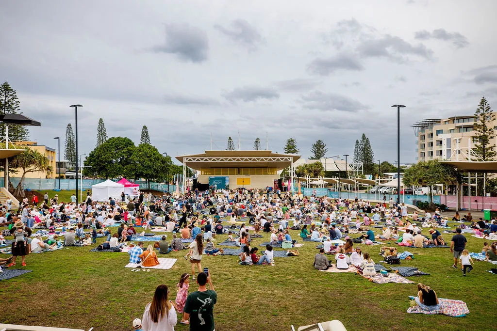 Landscape view of Kings Beach Amphitheatre filled with picnic goers.