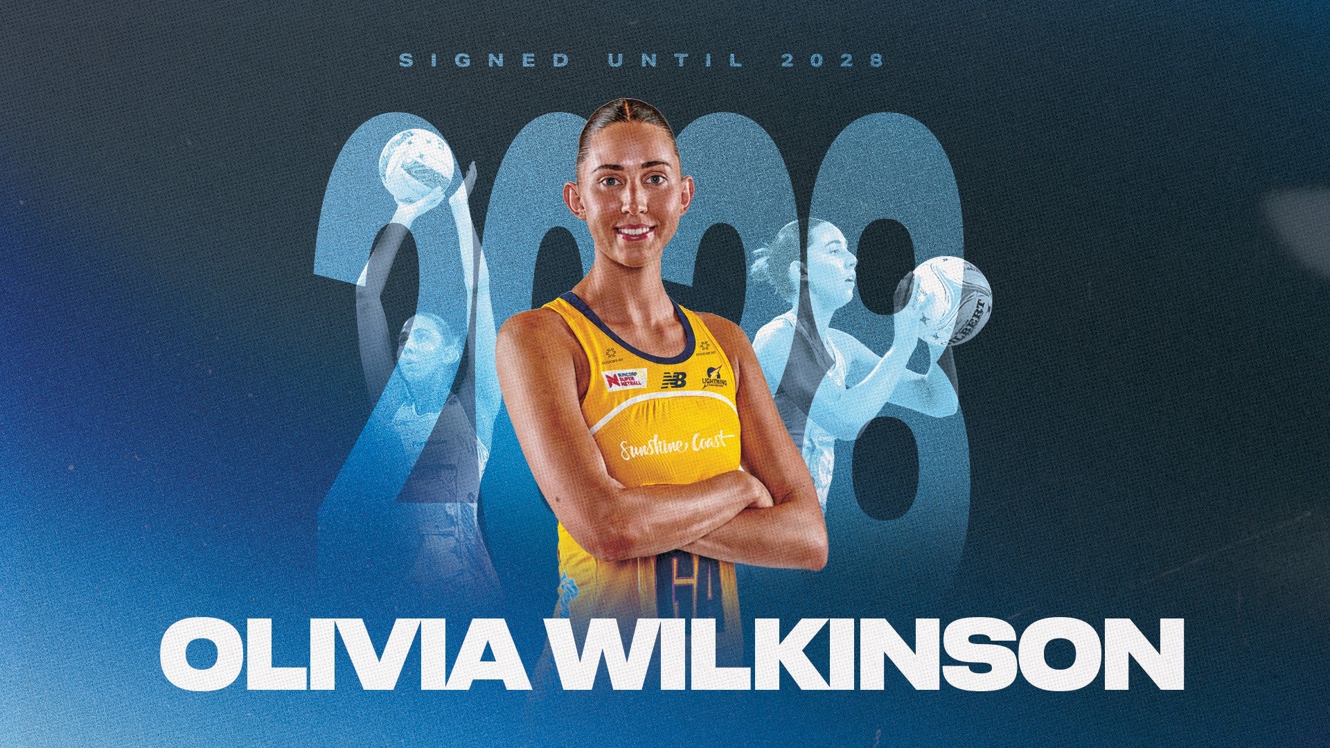 Netball profile pic of Olivia Wilkinson; 2028 background text