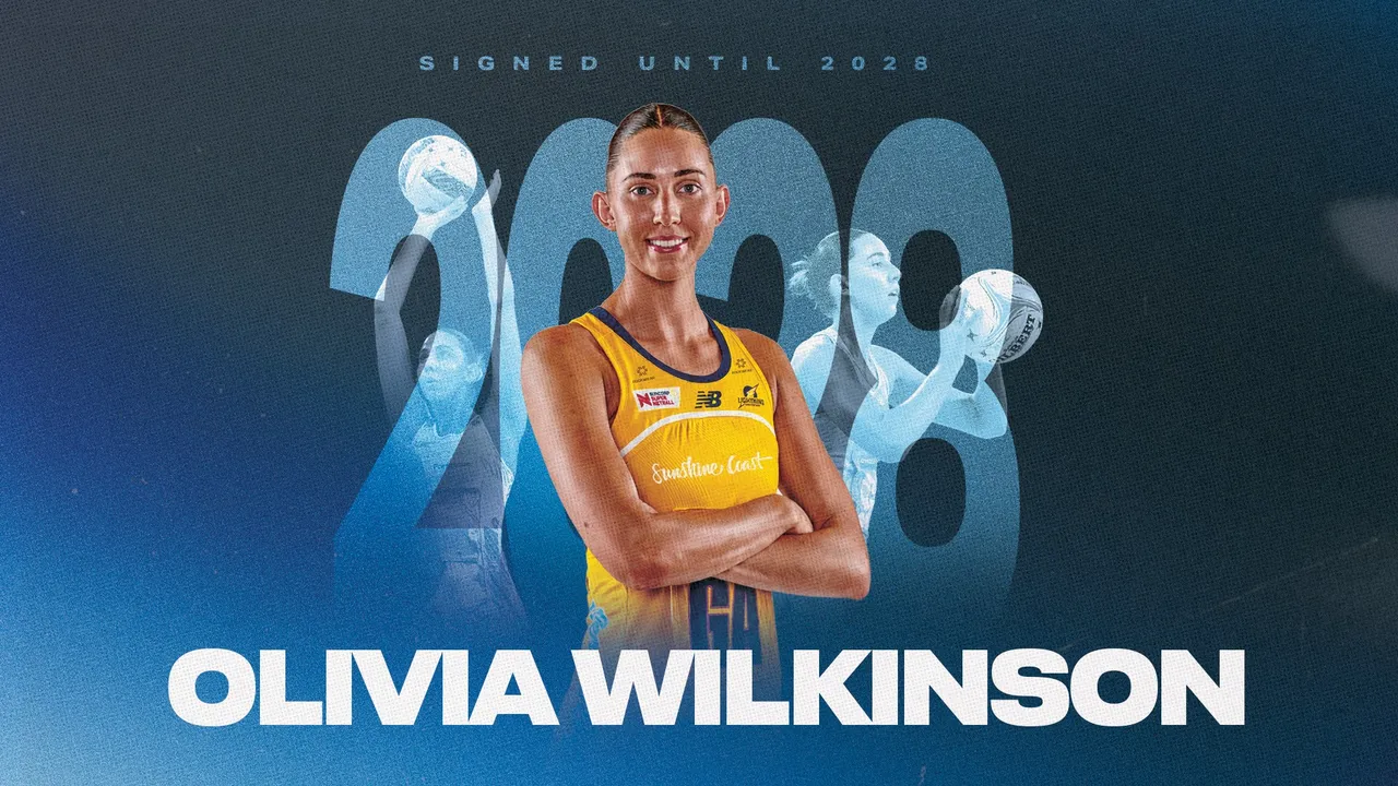 Netball profile pic of Olivia Wilkinson; 2028 background text