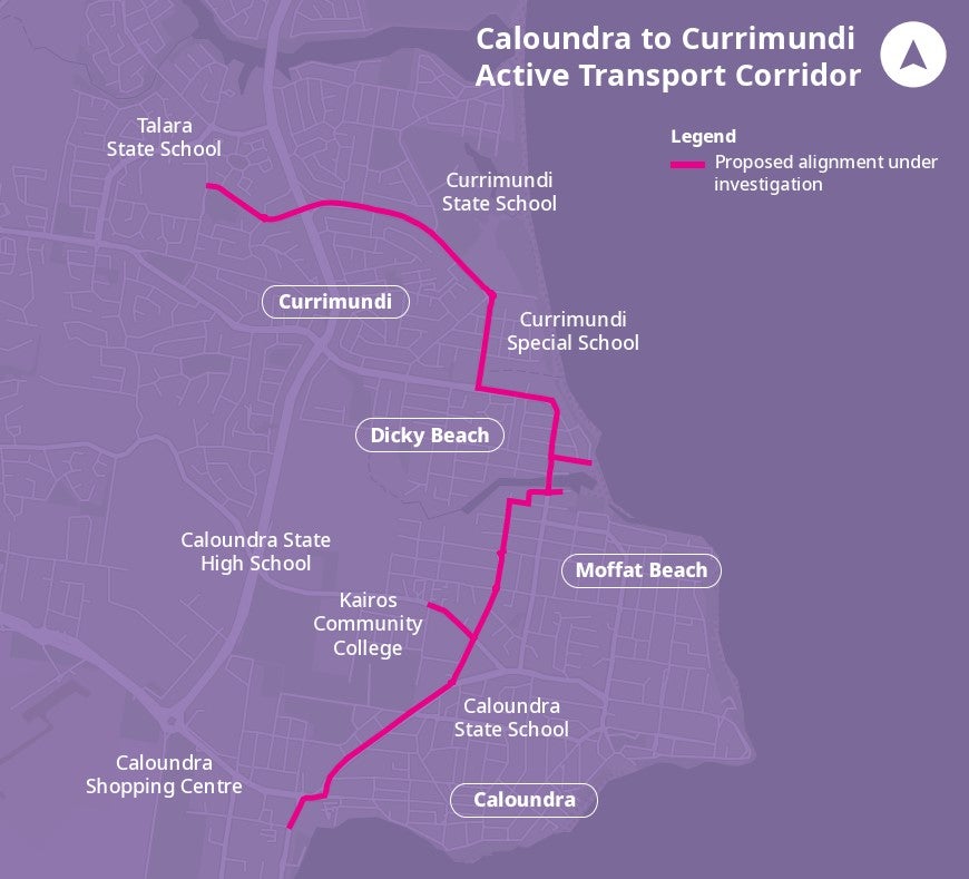 Proposed alignment under investigation for Caloundra to Currimundi active transport corridor.