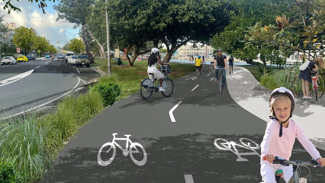 Artist impression of a streetscape concept for River Esplanade, Mooloolaba as part of Mooloolaba to Maroochydore Active Transport Corridor.