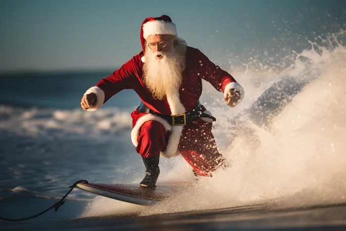 Santa surfing a wave on a surfboard
