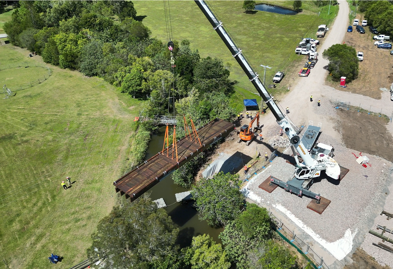 Aerial view of the new bridge being put into place.