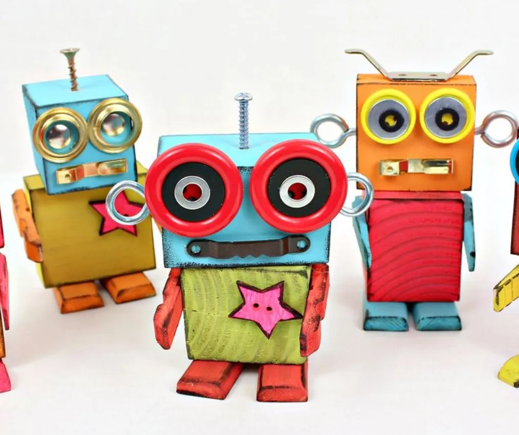 Kids Art Attack colourful cardboard robots made out of rubbish.