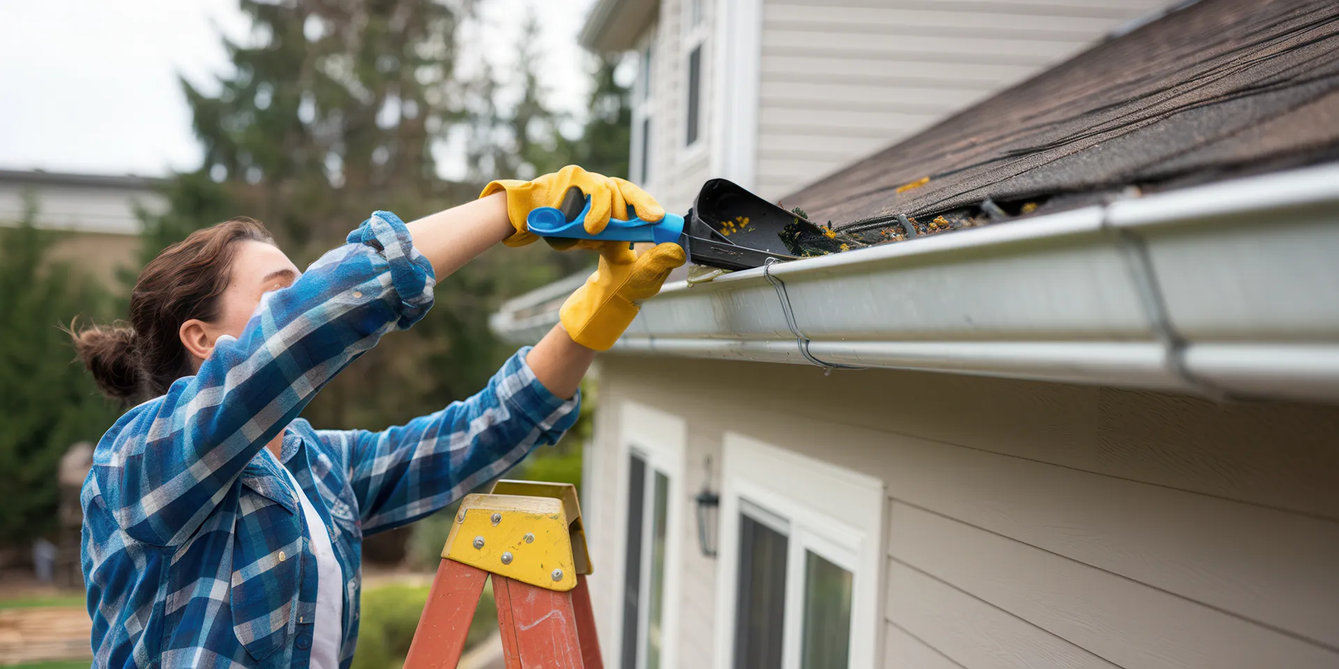 woman cleaning gutters