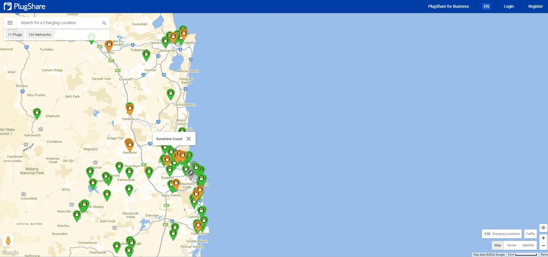 Plugshare EV charging locations for the Sunshine Coast