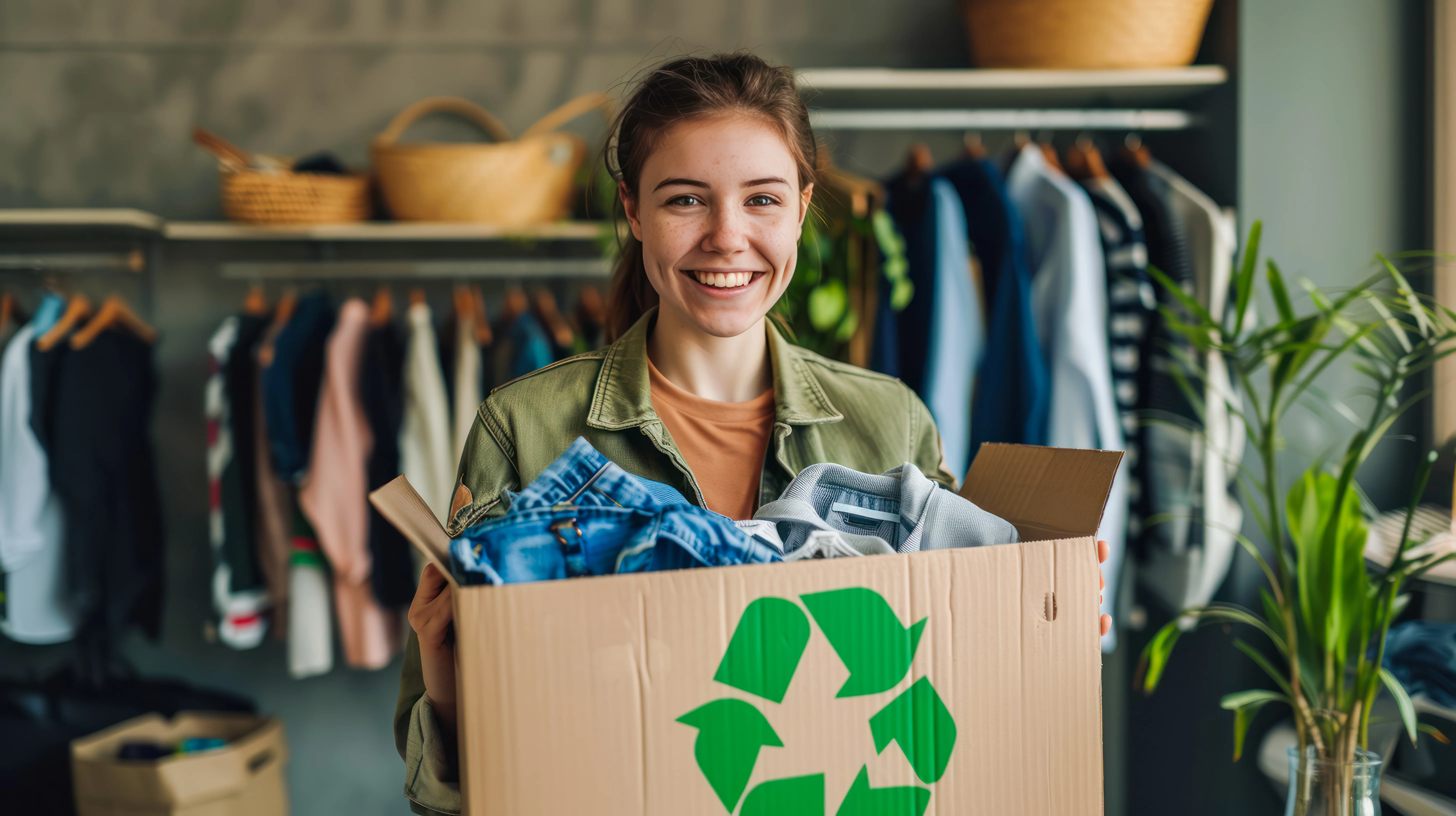 lady with a clothing recycling box