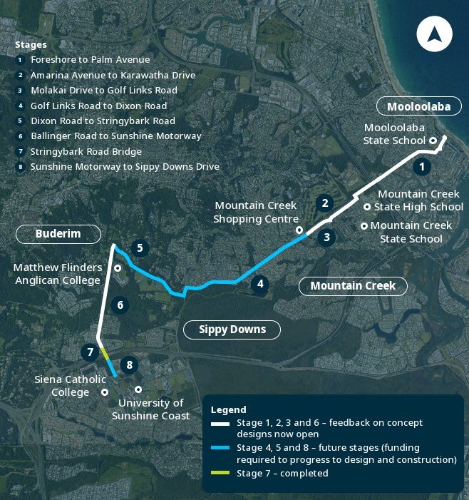Updated route of Mooloolaba to University Active Transport Corridor