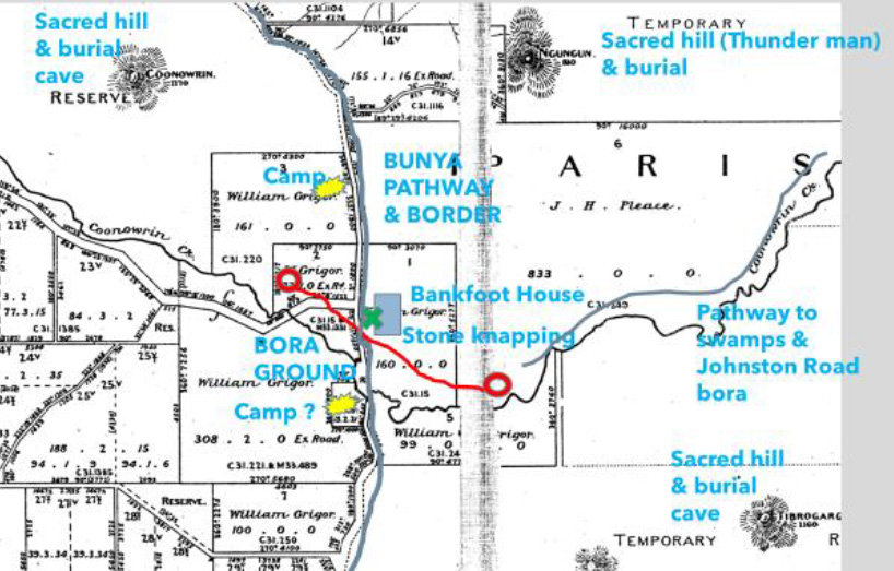 Bankfoot House vicinity, with major Indigenous sites marked (Ray Kerkhove 2022).