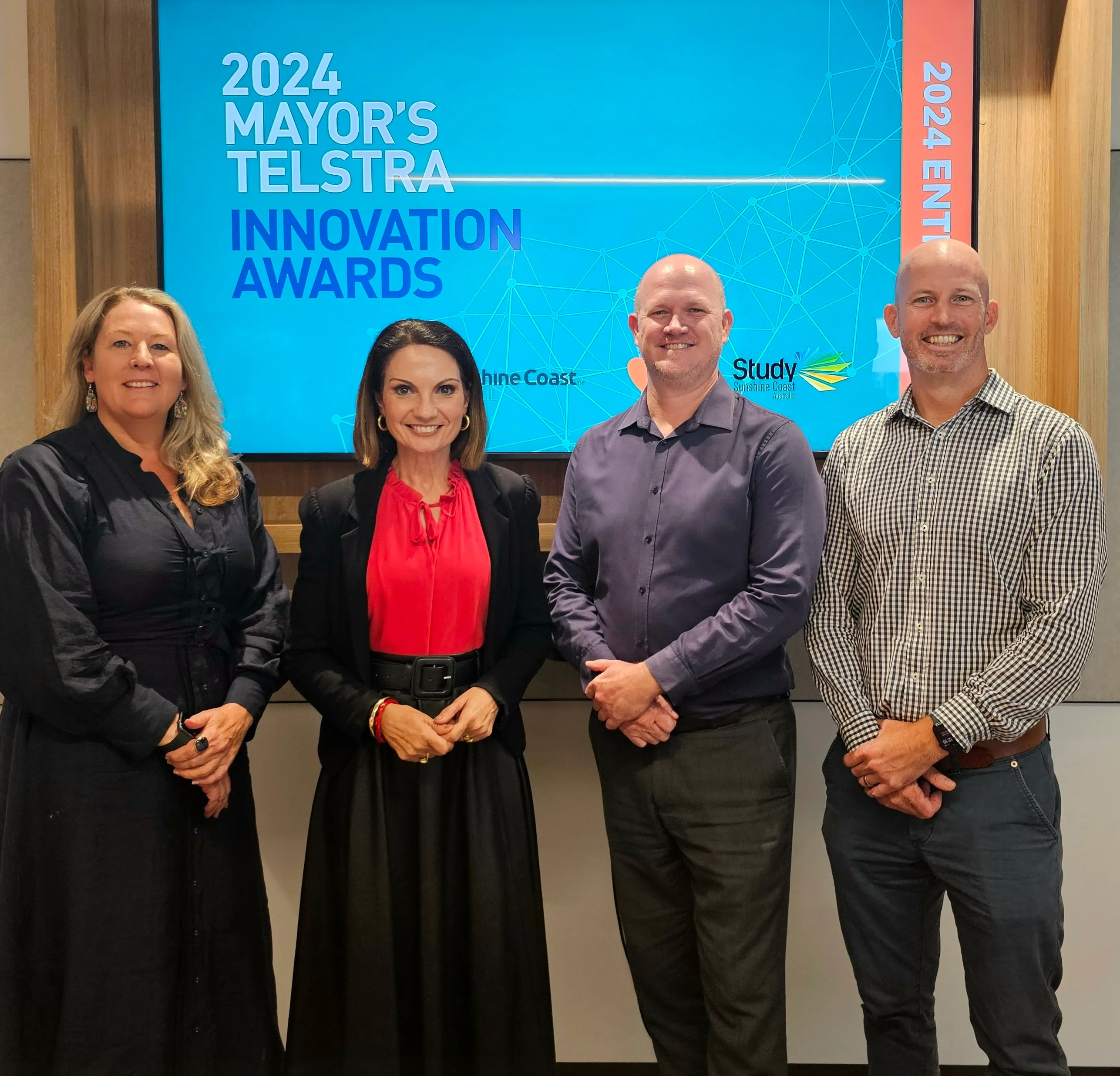 The judging panel from left to right: Groei Education program director Tara Jacobsen, Mayor Rosanna Natoli, Council Head of Business & Industry Development Tim McGee and Telstra Group Owner Digitisation Brent McArthur.