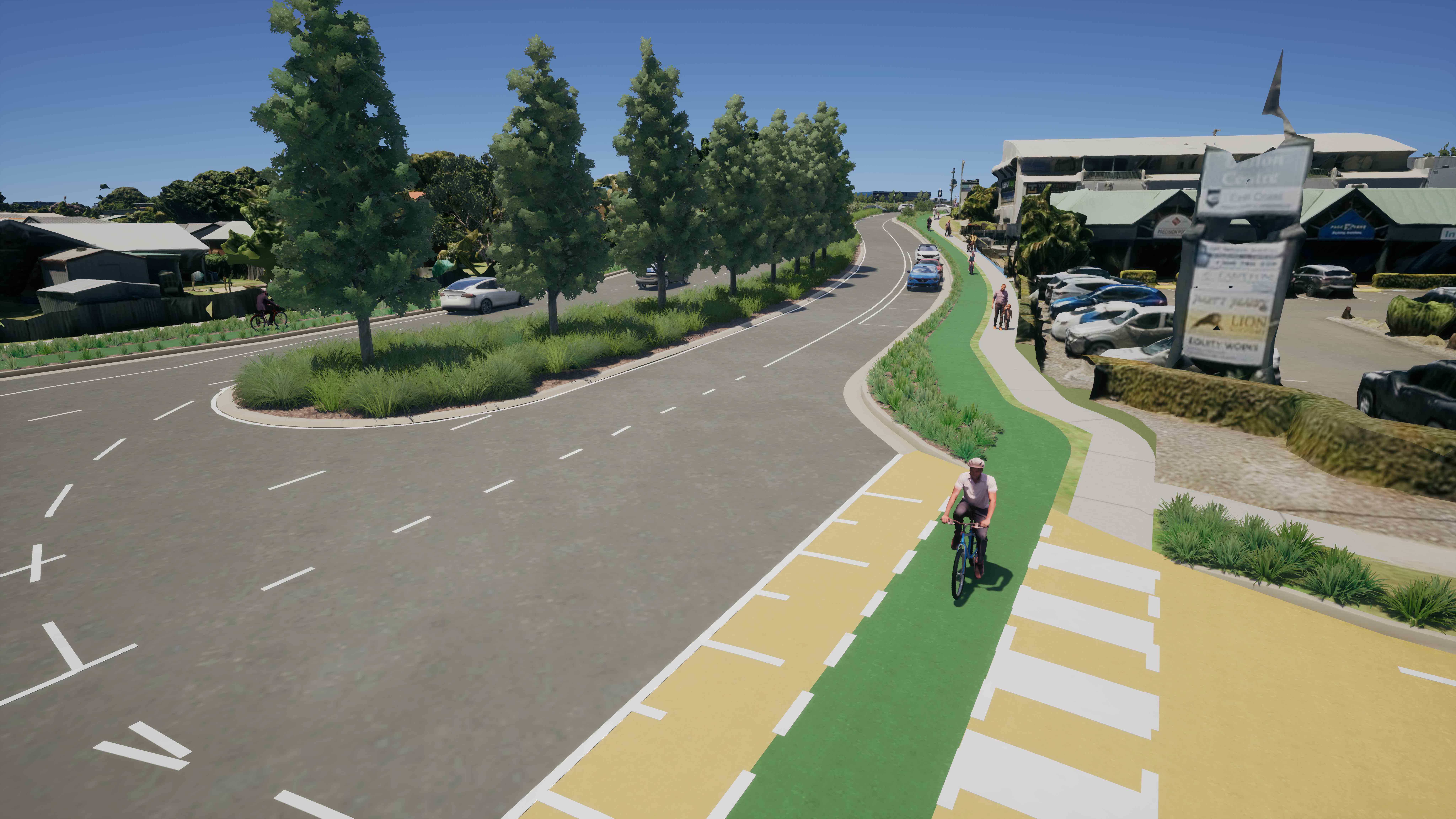 An artist's impression shows a cyclist crossing Dalton Drive, Newspaper Place at the walking and riding crossing looking towards Sugar Road.