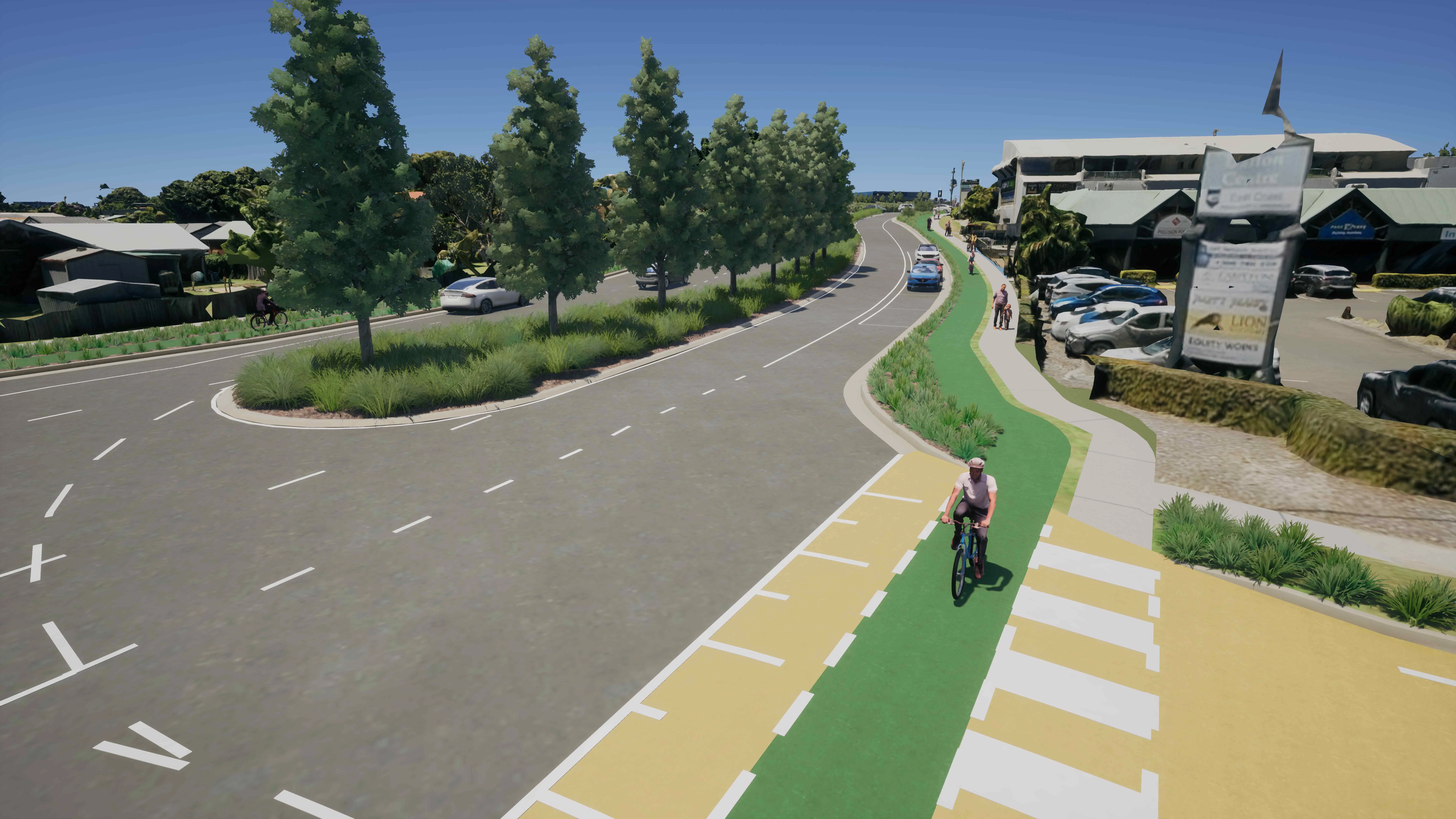 An artist's impression shows a cyclist crossing Dalton Drive, Newspaper Place at the walking and riding crossing looking towards Sugar Road.