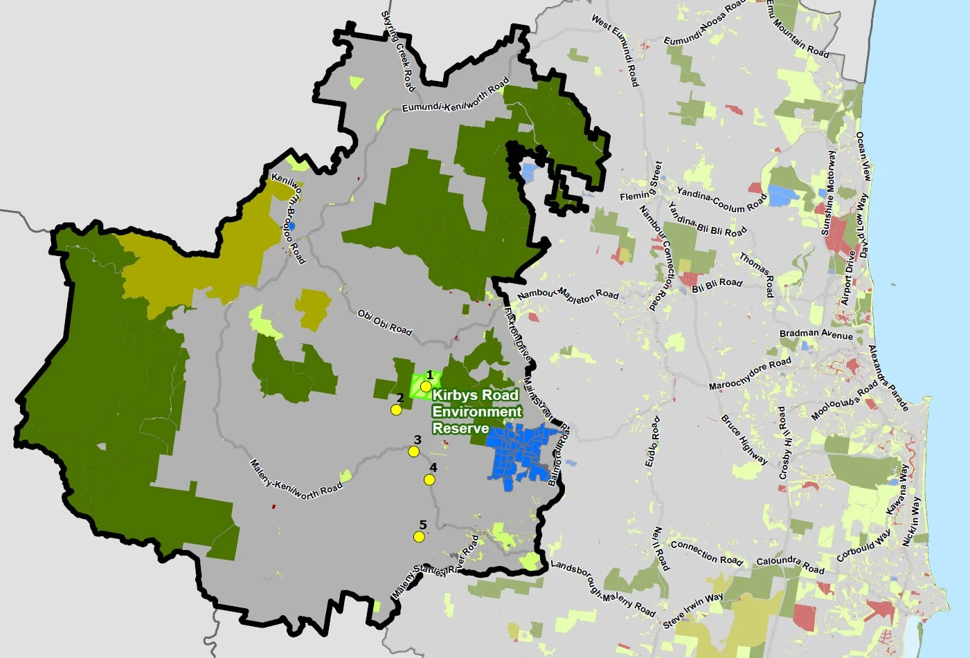 The 873.5 square kilometre area in the Sunshine Coast hinterland where Council is proposing to establish a Dark Sky Reserve.