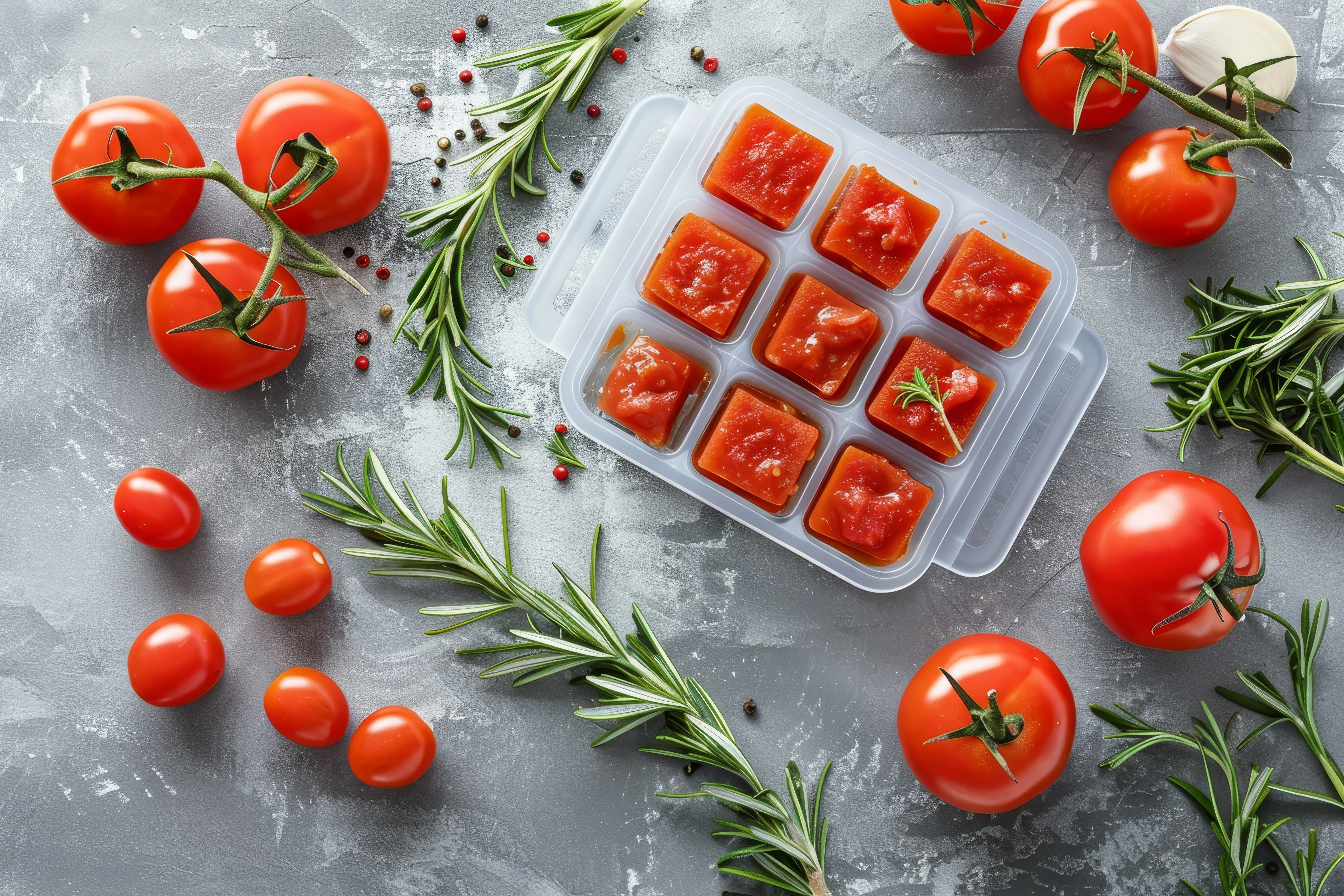 frozen sieved tomato cubes stored in an ice cube tray 