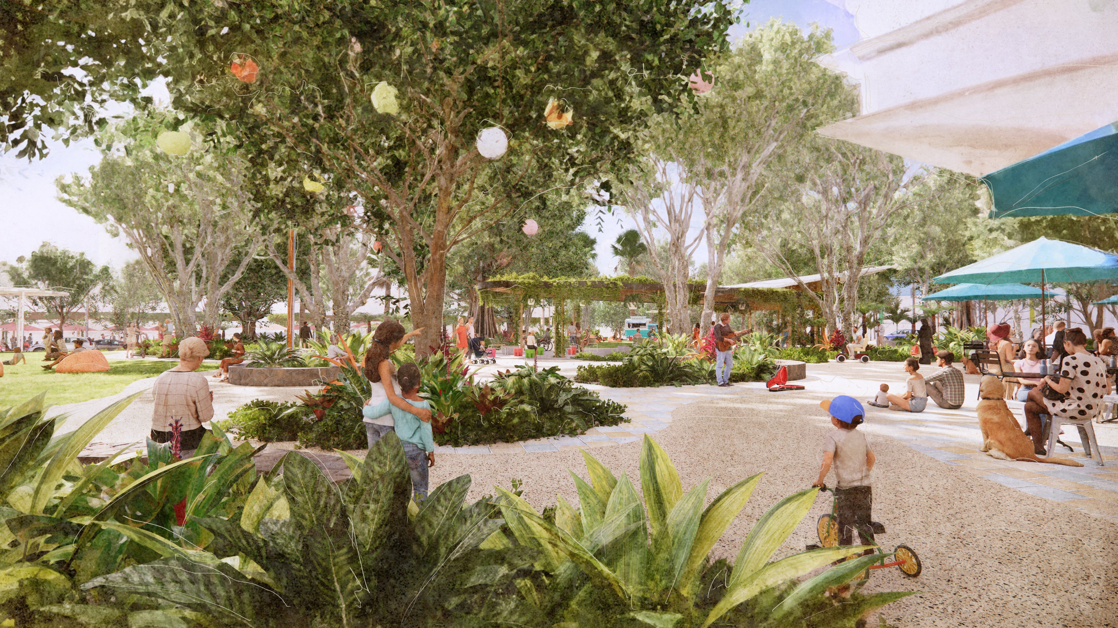 Revitalised townsquare showing open green space and connecting pathways.