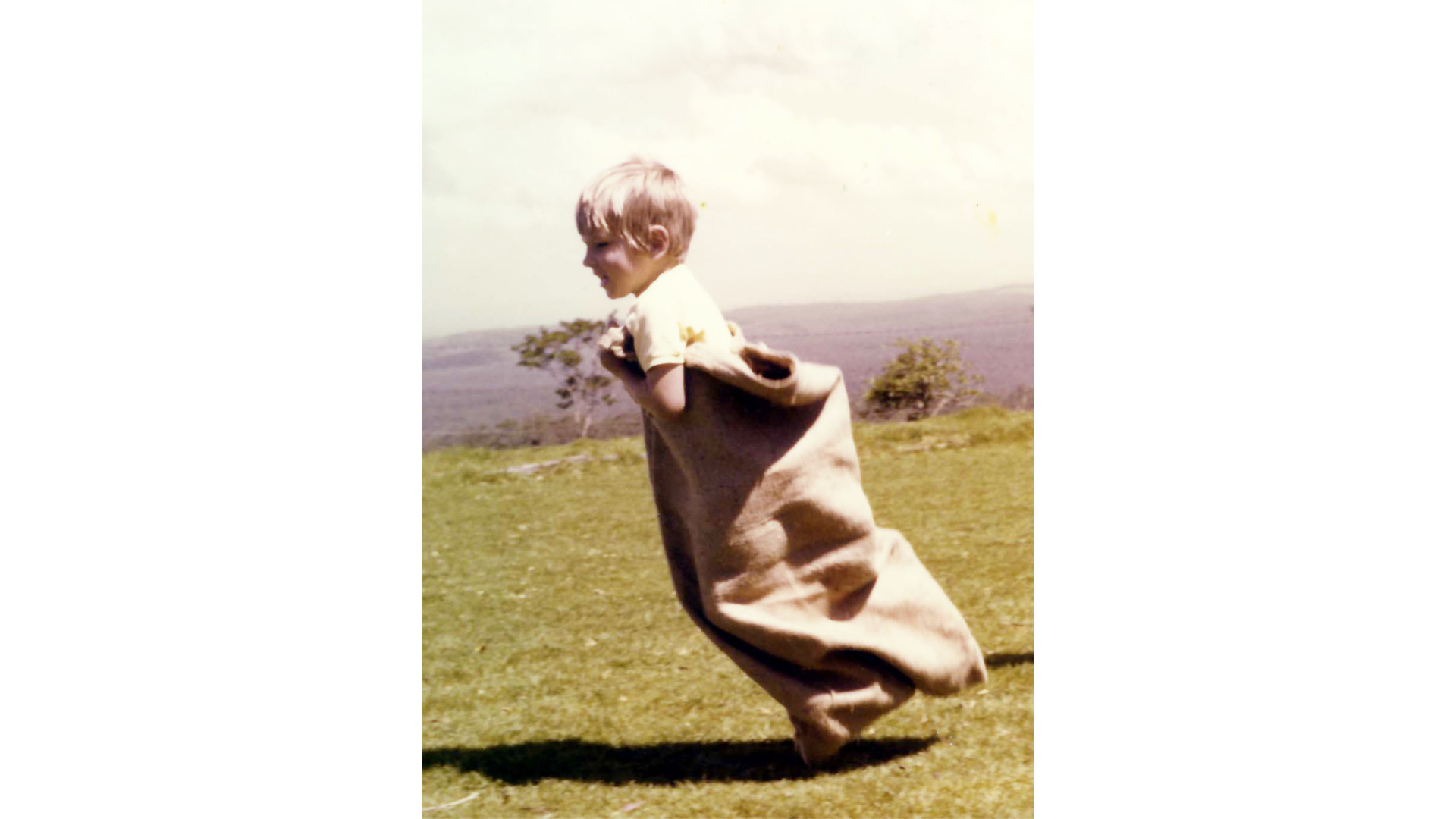 Lenore Meldrum with Lennox Meldrum competing in the Sack Race, Kenilworth, 1977. 