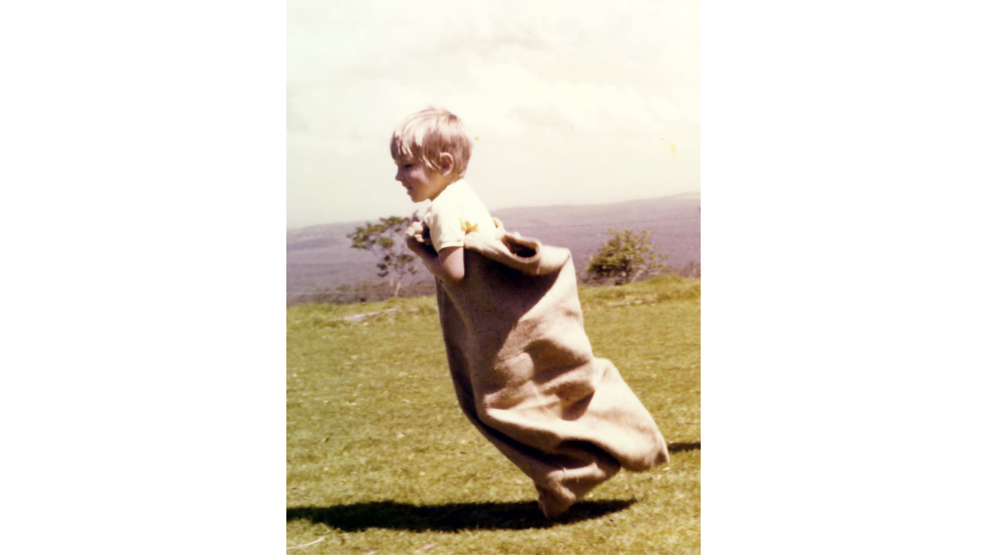 Lenore Meldrum with Lennox Meldrum competing in the Sack Race, Kenilworth, 1977. 