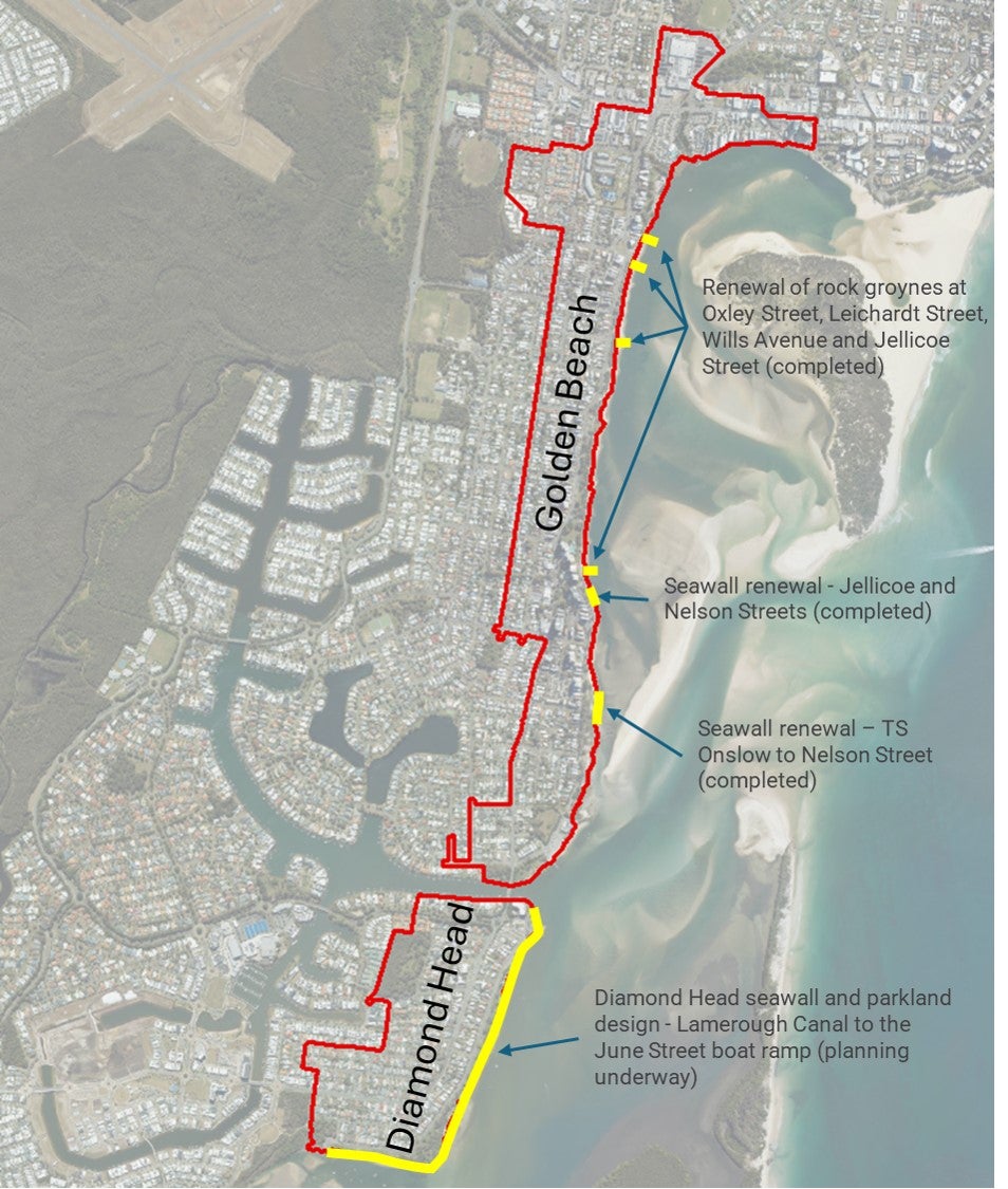 Map of Golden Beach and Diamond Head - showing foreshore and seawall works areas