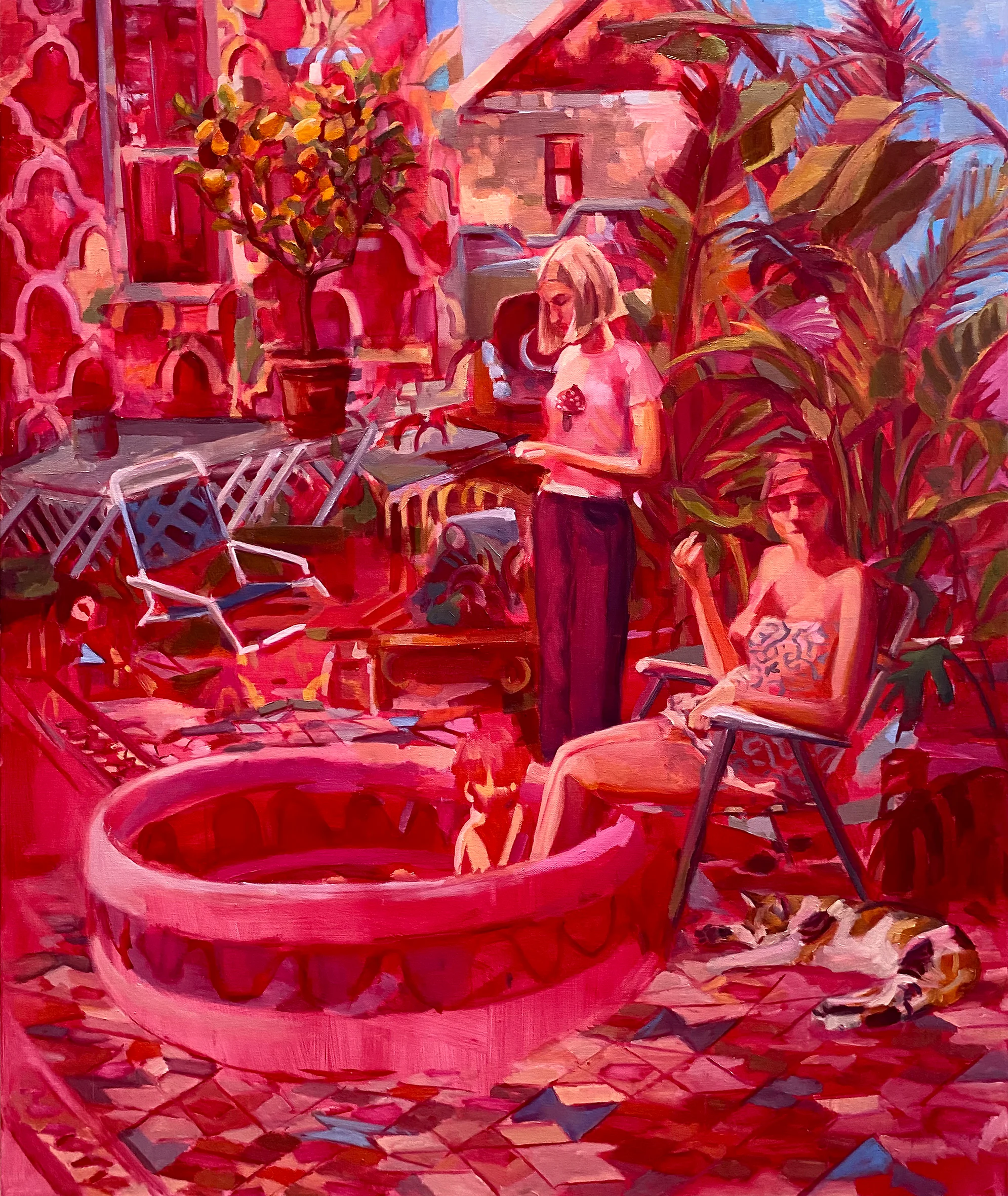 Pink coloured image of a paddle pool. A small child is in the pool. A lady sits next to it with her feet in the water, while another lady stands