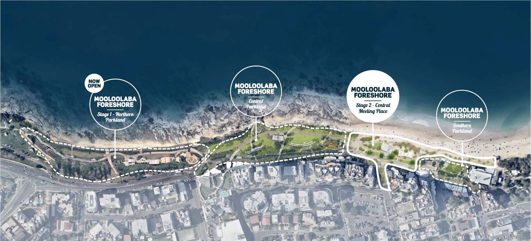 Aerial plan of Mooloolaba Foreshore Revitalisation which is being undertaken in four stages. 