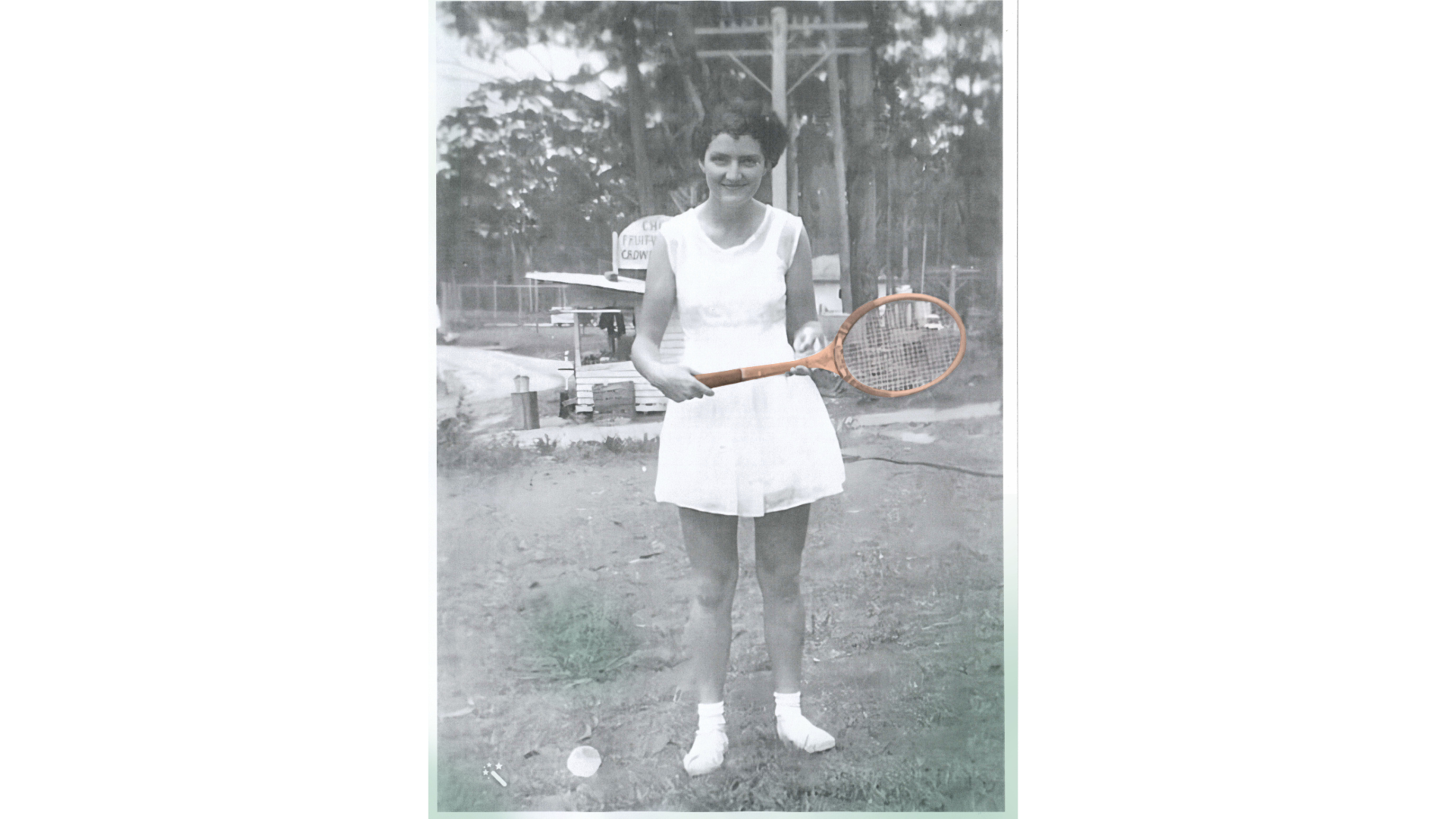 Robyn Powell's 1957 image of Ada Cunning ready for Saturday tennis, Tanawha.
