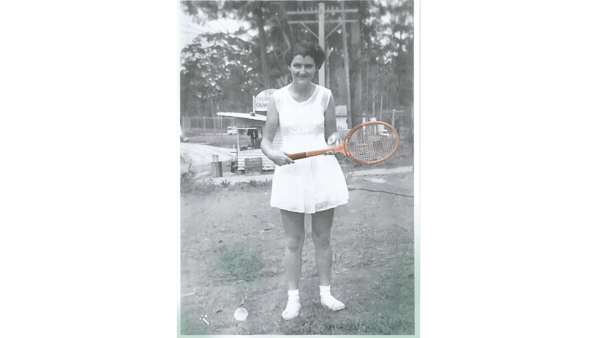 Robyn Powell's 1957 image of Ada Cunning ready for Saturday tennis, Tanawha.
