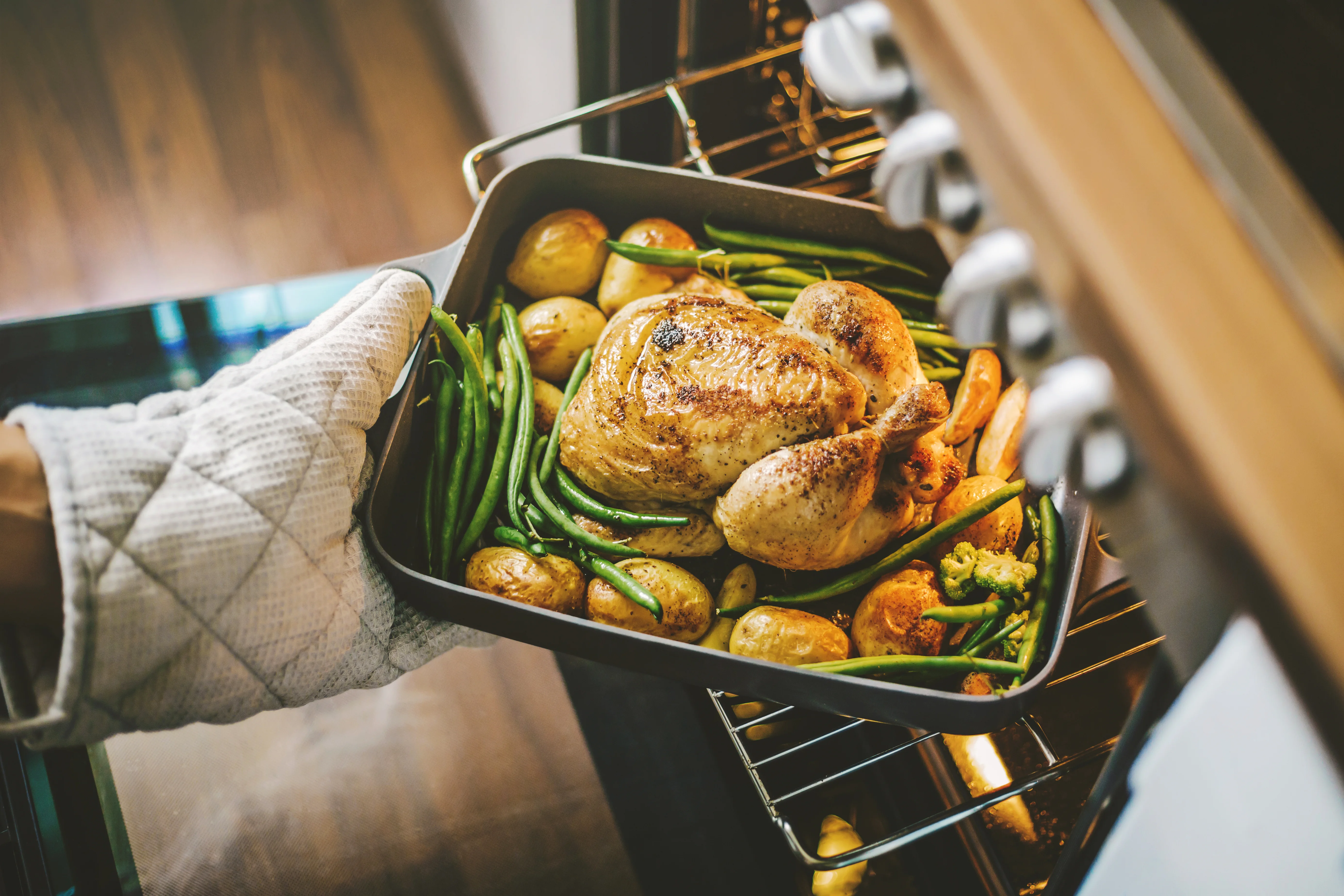 Roast dinner being placed in an oven