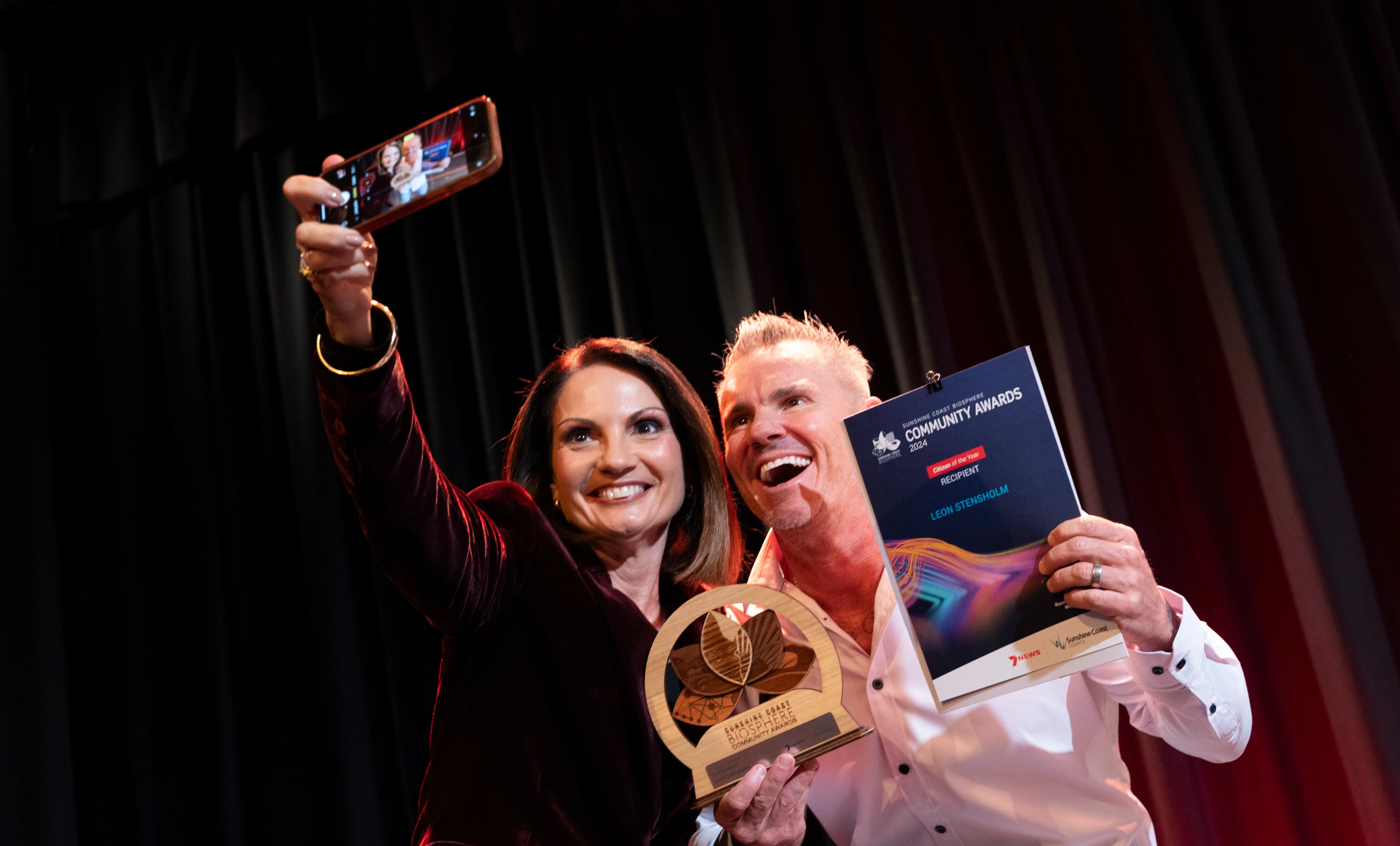 Sunshine Coast Biosphere Awards ceremony 2024. Sunshine Coast Mayor Rosannna Natoli and Citizen of the Year Leon Stensholm accepting his award and taking a selfie