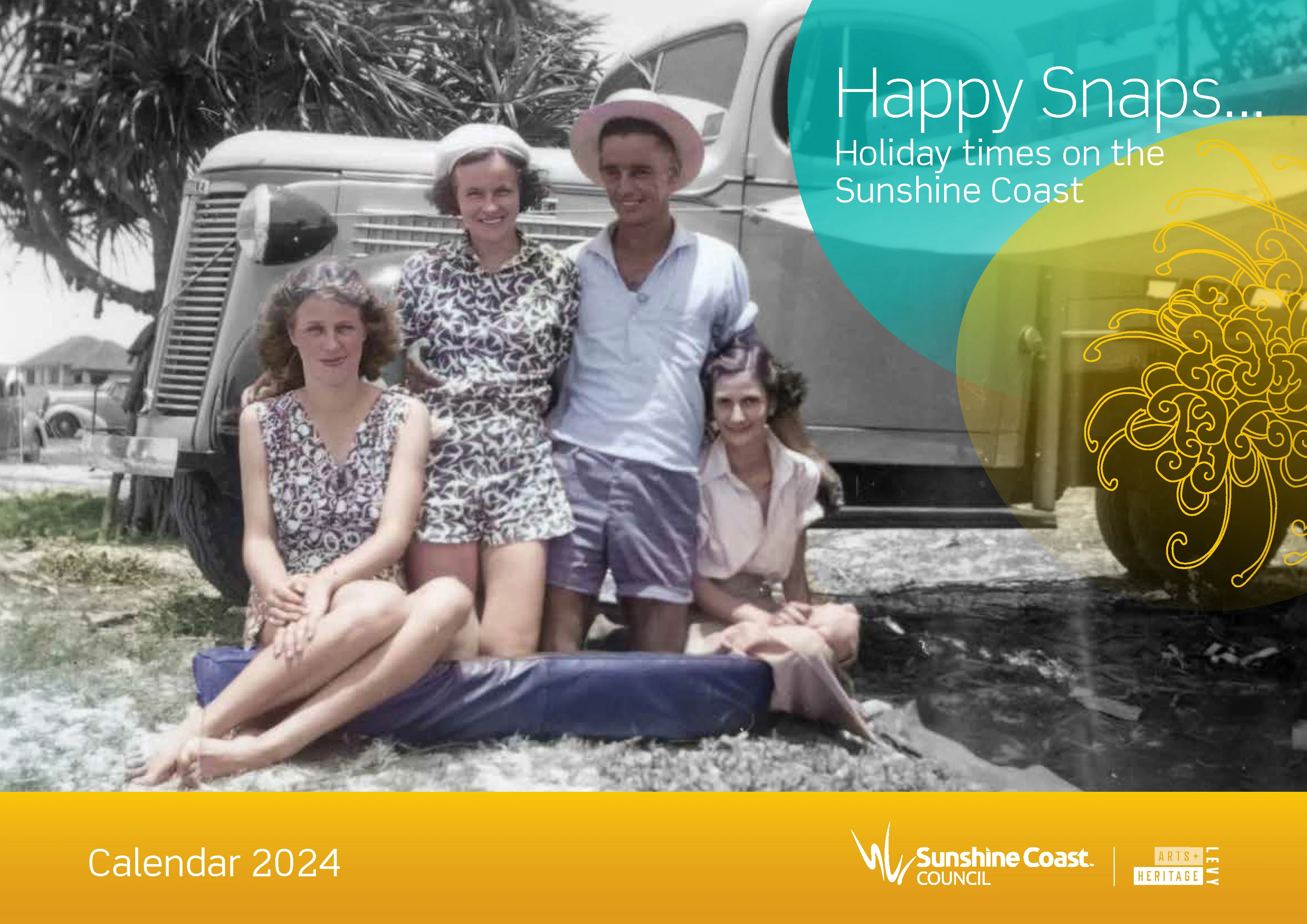 Front cover of the Heritage Calendar. A family posing for a photo in front of a car in Maroochydore, 1939.