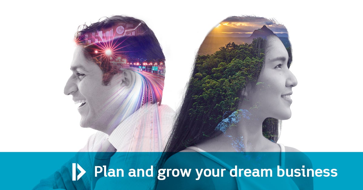 Man and Woman face back to back - text Plan and grow your dream business