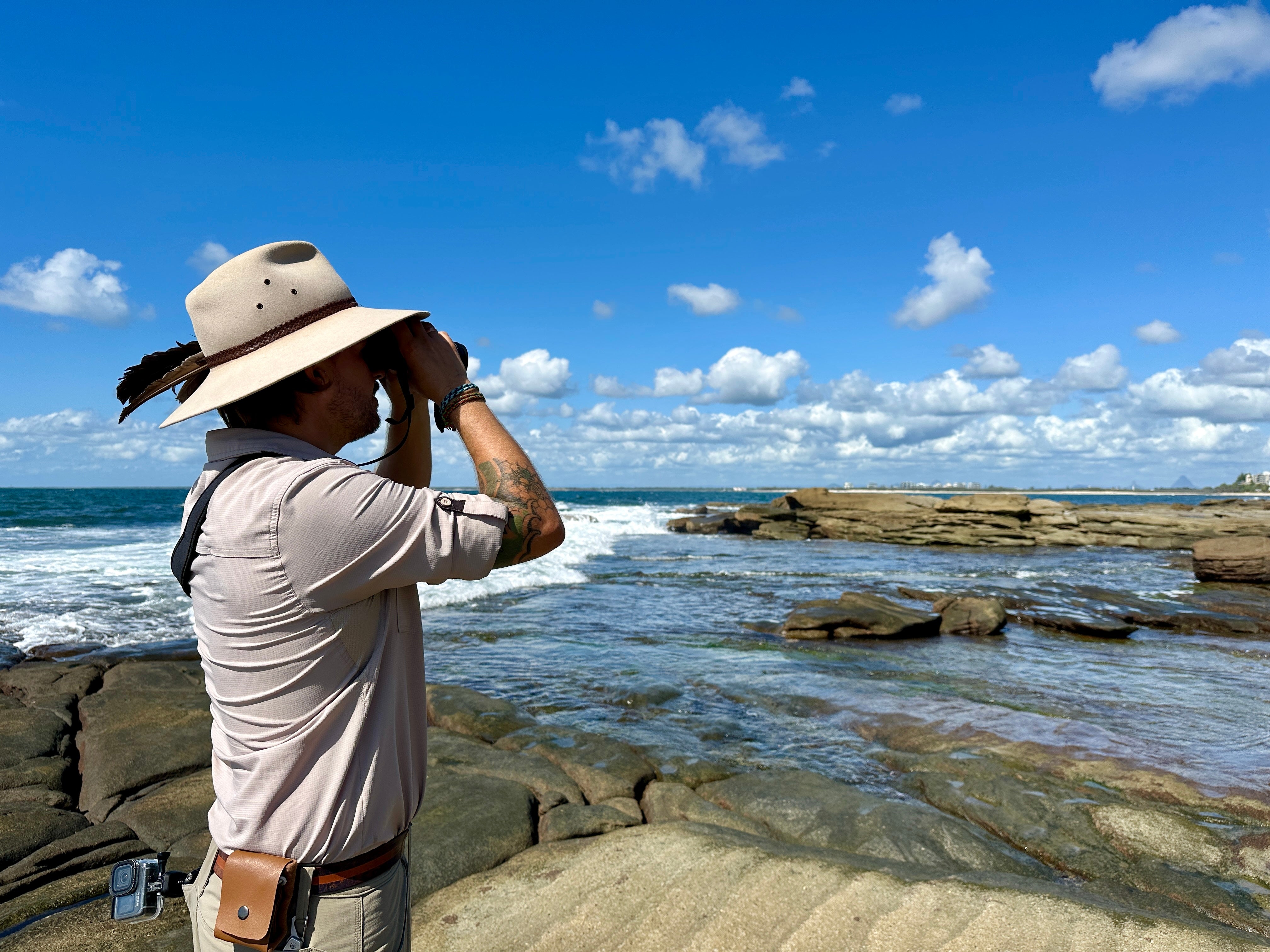 Council officer using binoculars on the Shelly Beach rocky headland