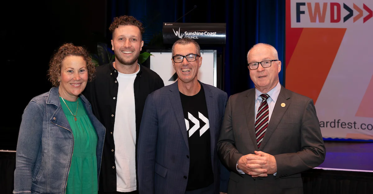 Left to right Queensland chief entrepreneur Julia Spicer, Thankyou co-founder Daniel Flynn, Silicon Coast’s Chief Engagement Officer and Co-Founder Craig Josic and Sunshine Coast Council Mayor Mark Jamieson.