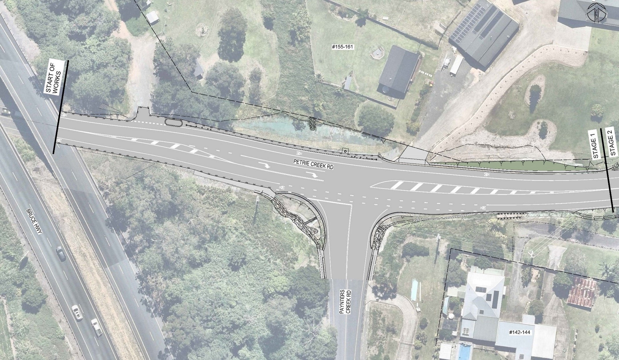 Stage 1 road map showing Petrie Creek Road for approximately 200 metres from Paynters Creek Road to Western Service Road intersection.