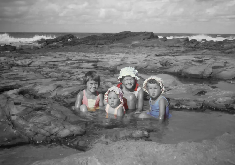 Bruce Tallon Image: Family and friends in rock pools, Mooloolaba, 1967