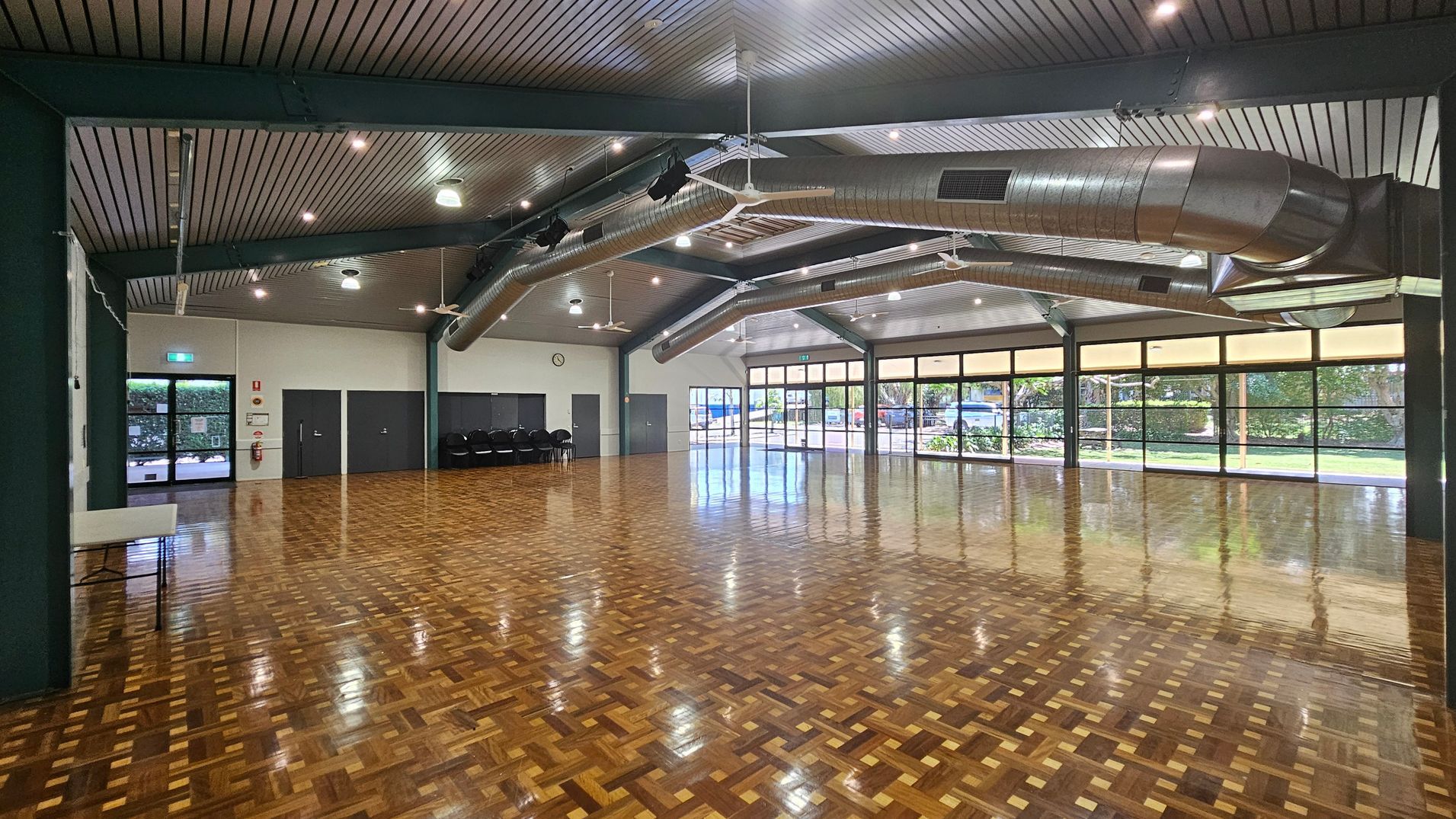 The hall space showing flooring, lighting, fans, and outlook to the garden area