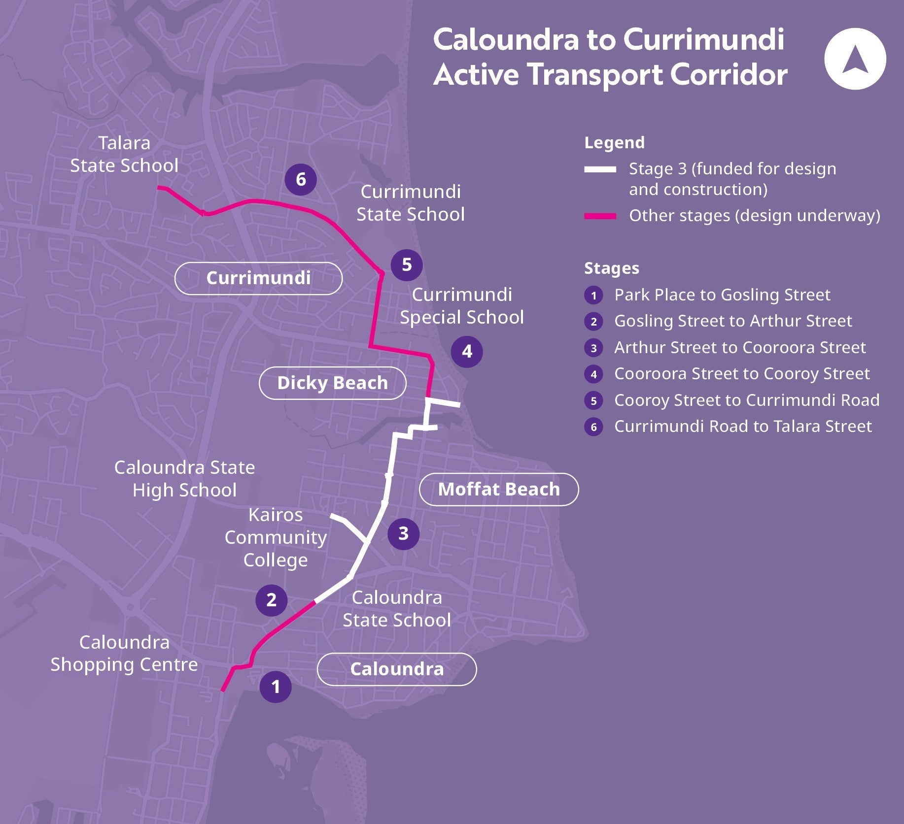 The proposed project route will link Caloundra to Currimundi, connecting five schools and linking to six centres. 