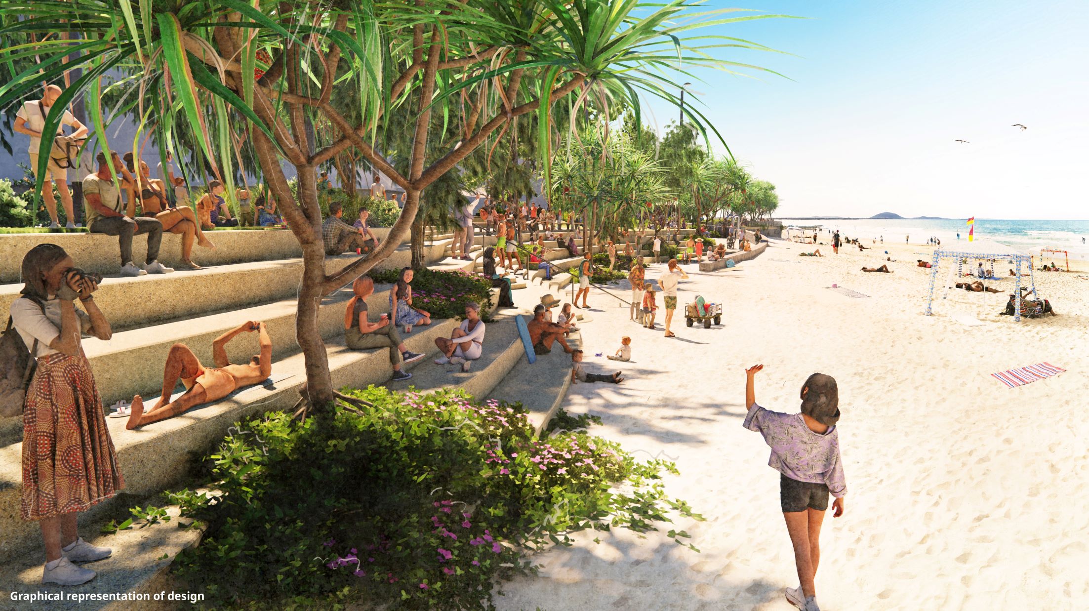 Artist impression of Mooloolaba Foreshore's southern seawall featuring shaded, wide terraced steps that will double as community seating.