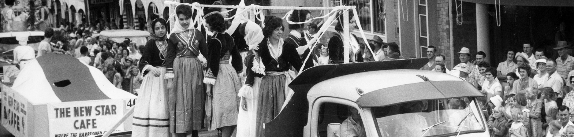 Greek Community float participating in the Warana Festival Celebrations, Currie Street, Nambour on 28 September, 1963. Image credit: Picture Sunshine Coast