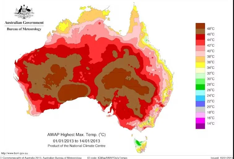 Highest daily maximum temperature during the first two weeks of January. Australian Bureau of Meteorology