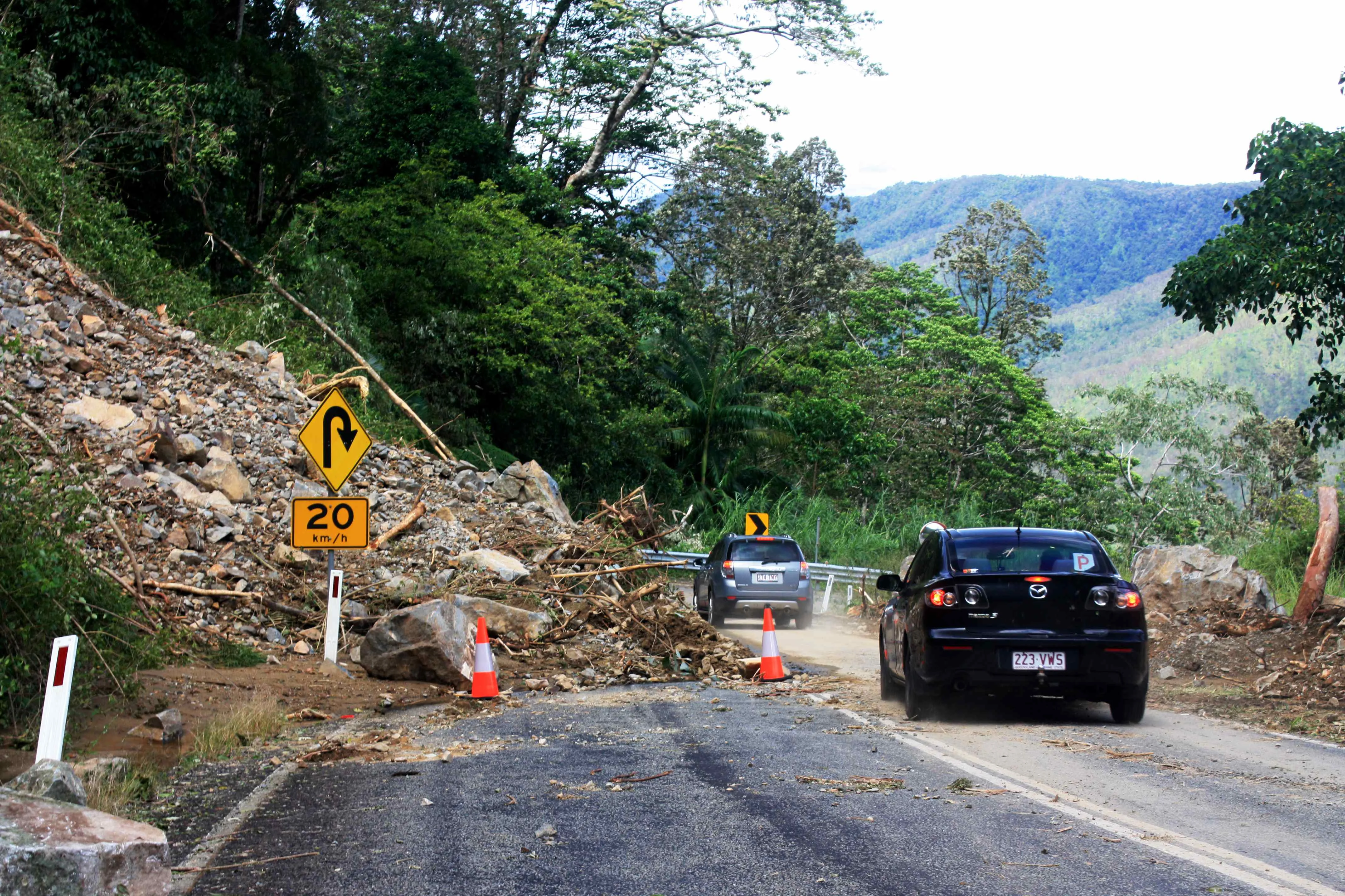 Potential hazards landslide blocking the road. 