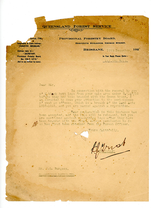 Queensland Forest Service Letter, 1927.  Correspondence from the Provisional Forestry Board informing William about his breach of the Land Acts 1910-1925.