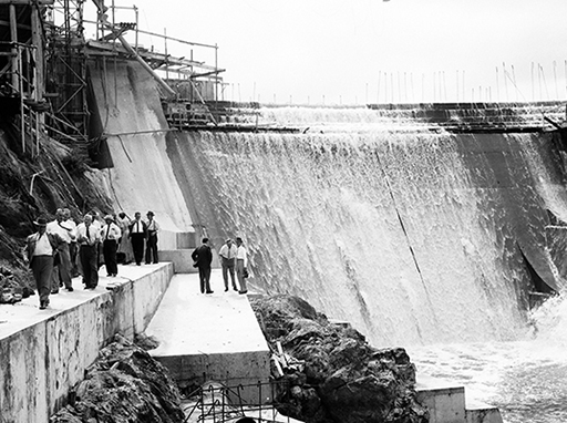 Wappa Dam under construction on the South Maroochy River near Yandina, 1961. Maroochy Shire Councillors and officials inspecting the dam site. The dam was constructed in stages between 1958 and 1961.