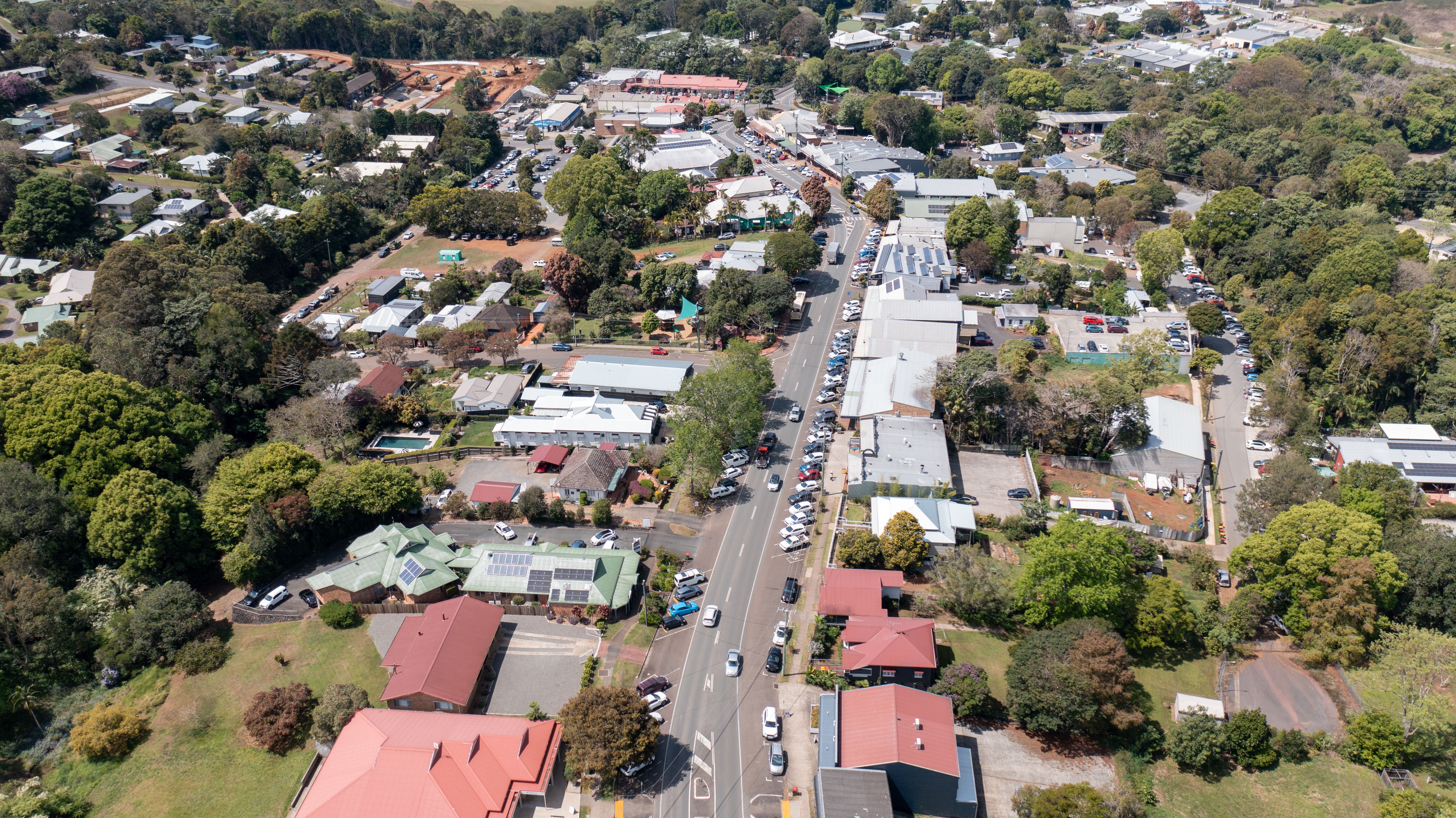 Drone photograph of Maple Street, Maleny