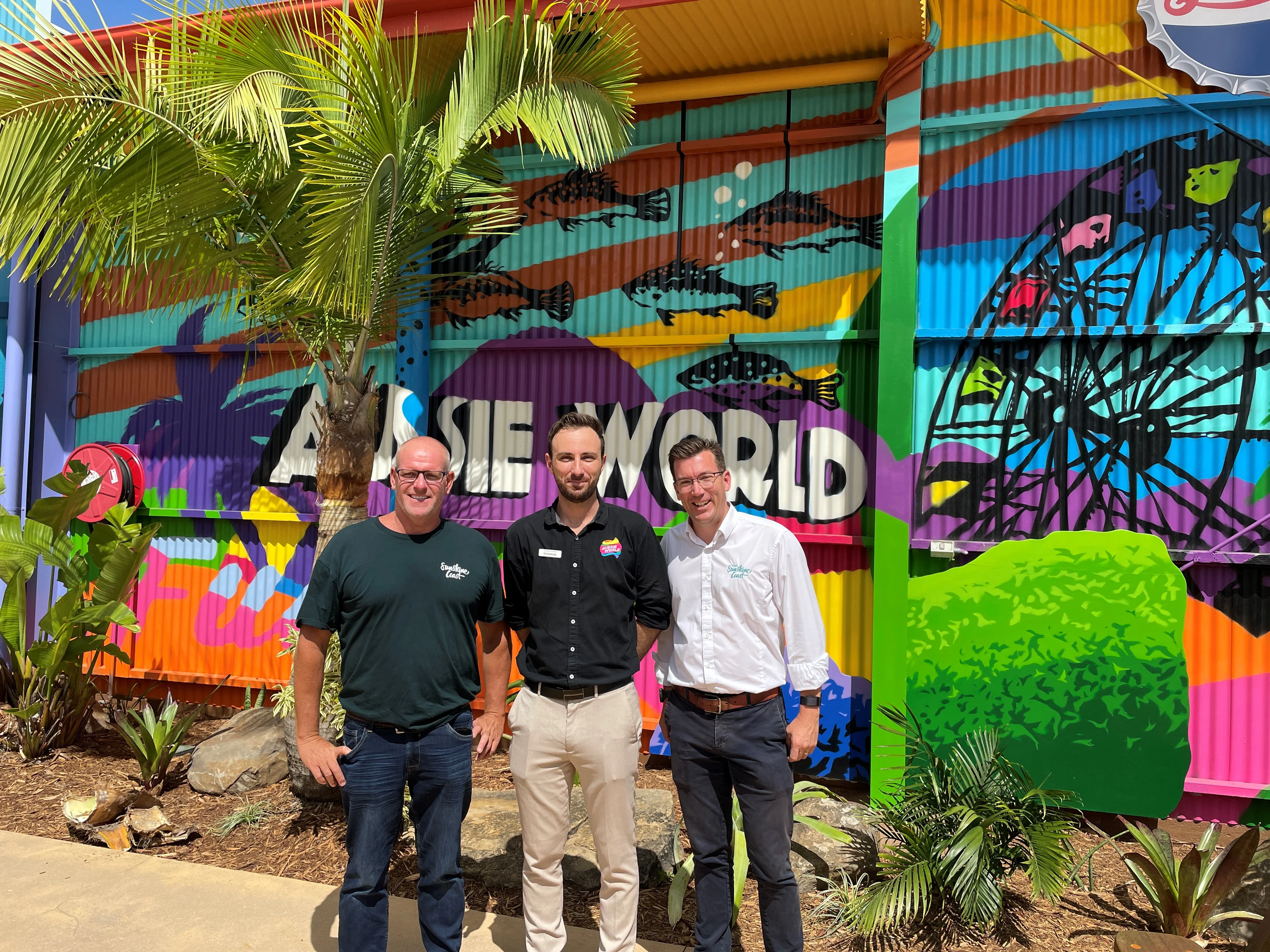 L to R: Sunshine Coast Councillor Jason O'Pray, Manager Aussie World - Shannon Fay, Visit Sunshine Coast Head of industry & Trade Development - Andrew Fairbairn.