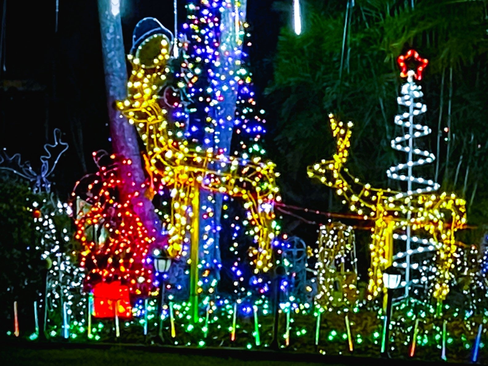 Close up of Christmas light shapes in a residential house's front yard.